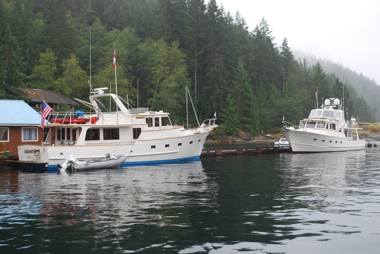 Two Fleming 55s, nose to nose on the dock at Refuge Cove. The Andante, at left, is owned by Robin Gainey of Seattle. She departed on the afternoon Kenmore Air flight to Seattle and is leaving Andante at Refuge Cove for two weeks while she returns home.